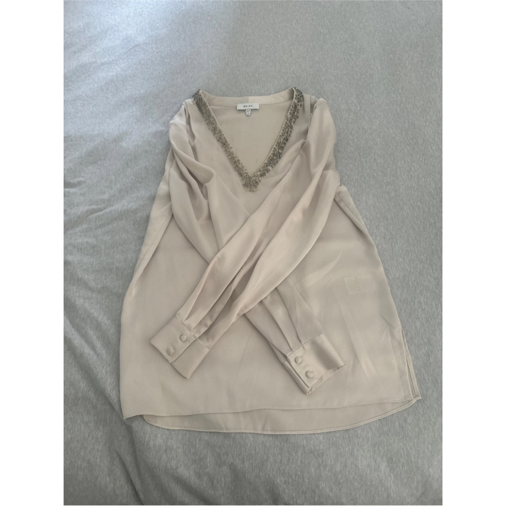 Reiss Light Beige Beaded V-Neck Blouse